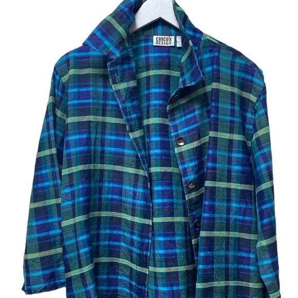 CHICOS Silk Shirt Jacket Size Large Womens Blue Green Plaid Top 3/4 Sleeve - Picture 7 of 9